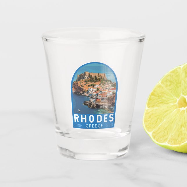 Rhodes Greece Illustration Travel Art Vintage Shot Glass (Front)