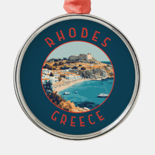 Rhodes Greece Retro Distressed Circle Metal Tree Decoration