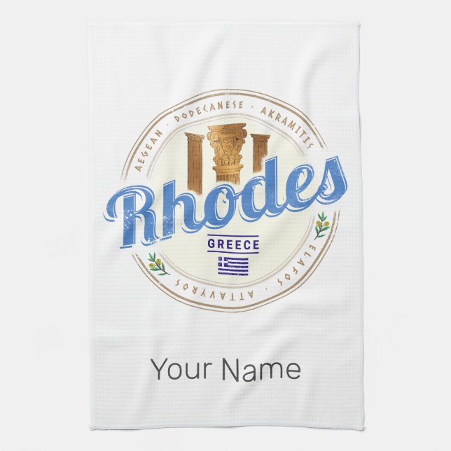 Rhodes Greece Vintage Island Aegean Souvenir Tea Towel (Vertical)