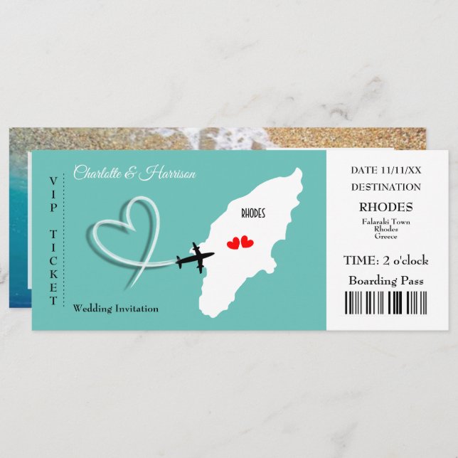 Rhodes Wedding Destination Ticket Boarding Pass Invitation (Front/Back)