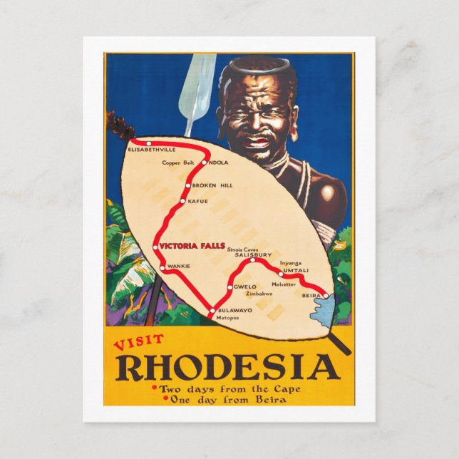 Rhodesia, traditional warrior with map on shield postcard (Front)