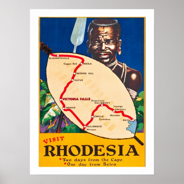 Rhodesia, traditional warrior with map on shield poster (Front)