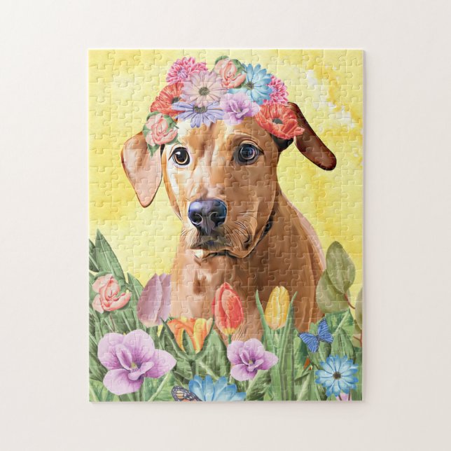 Rhodesian Rdgeback Dog with Flowers Spring Jigsaw Puzzle (Vertical)