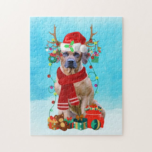 Rhodesian Rdgeback in snow with Christmas gifts Jigsaw Puzzle (Vertical)