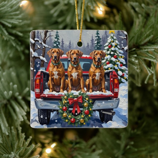 Rhodesian Ridgeback Christmas Red Truck Holiday Ceramic Ornament (Tree)