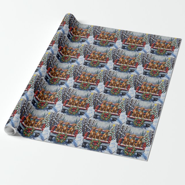 Rhodesian Ridgeback Christmas Red Truck Holiday Wrapping Paper (Unrolled)
