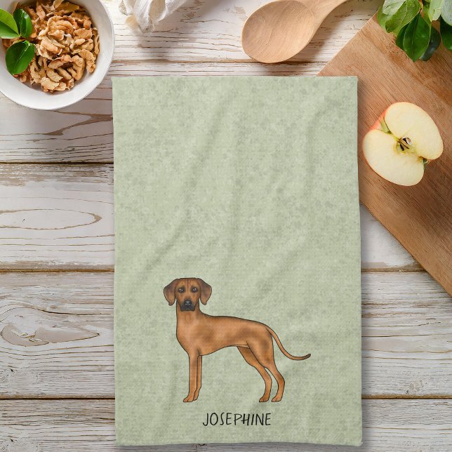 Rhodesian Ridgeback Cute Brown Dog With Name Green Tea Towel (Please note: This image is a digital mockup. The product may not be in scale.)