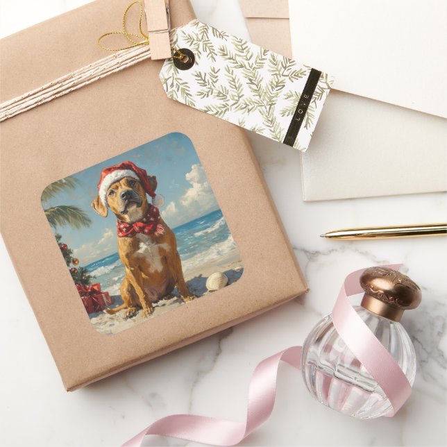 Rhodesian Ridgeback Dog Christmas Vintage Beach Square Sticker (Gifting)