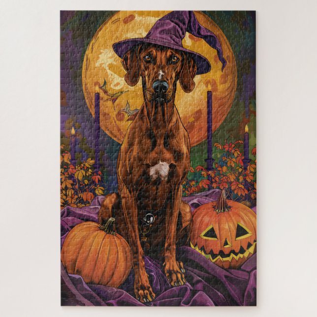 Rhodesian Ridgeback Dog Halloween Witch Pumpkin Jigsaw Puzzle (Vertical)