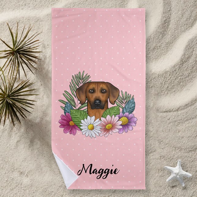 Rhodesian Ridgeback Dog Head Colourful Flowers Pin Beach Towel (Creator Uploaded)