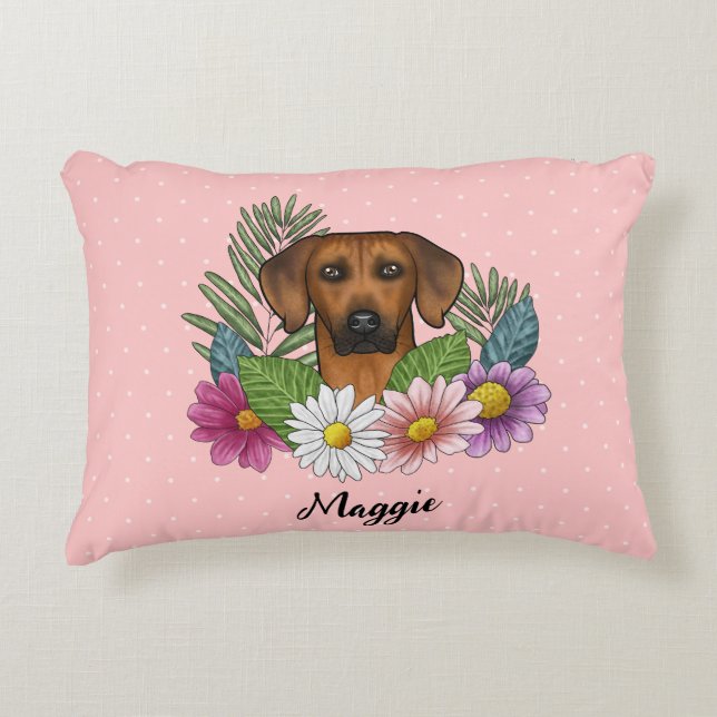 Rhodesian Ridgeback Dog Head Summer Florals Pink Decorative Cushion (Front)
