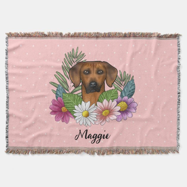 Rhodesian Ridgeback Dog Head Summer Florals Pink Throw Blanket (Front)
