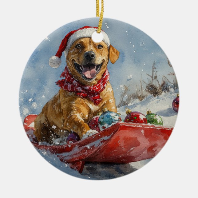 Rhodesian Ridgeback Dog in Sledge Christmas Ceramic Tree Decoration (Front)