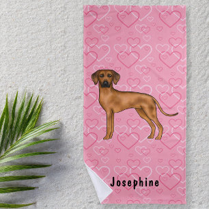 Rhodesian Ridgeback Dog On Pink Hearts With Name Beach Towel