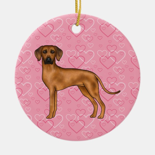 Rhodesian Ridgeback Dog On Pink Hearts With Name Ceramic Tree Decoration (Front)
