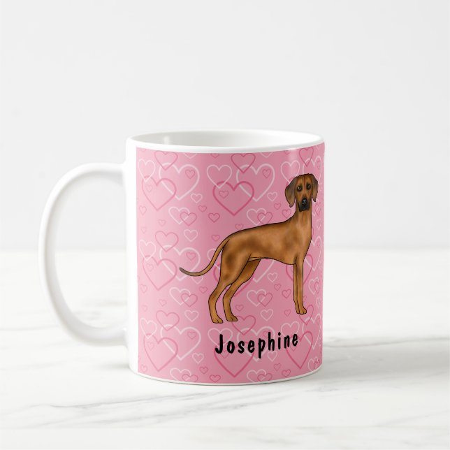 Rhodesian Ridgeback Dog On Pink Hearts With Name Coffee Mug (Left)