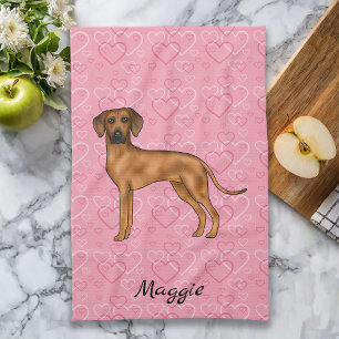 Rhodesian Ridgeback Dog On Pink Hearts With Name Tea Towel