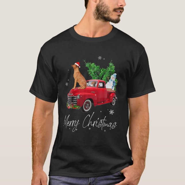 Rhodesian Ridgeback Dog Riding Red Truck Christmas T-Shirt (Front)