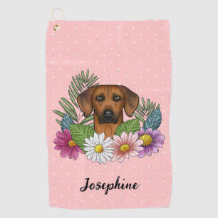 Rhodesian Ridgeback Dog With Flowers And Name Pink Golf Towel