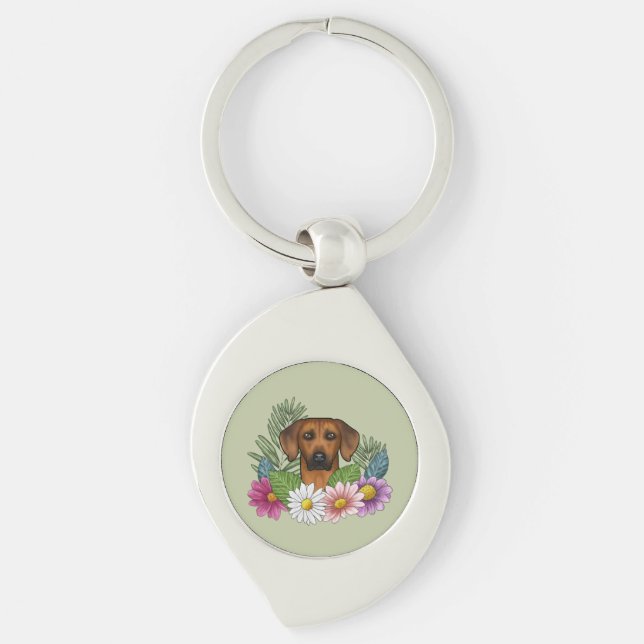Rhodesian Ridgeback Head Colourful Florals On Gree Key Ring (Front)