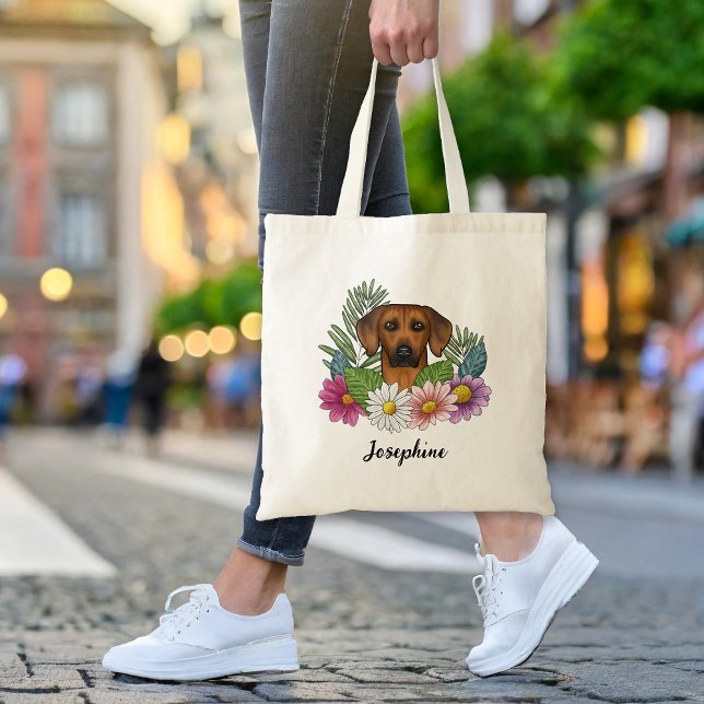 Rhodesian Ridgeback Head Colourful Flowers And Nam Tote Bag (Please note: This image is a digital mockup. The product may not be in scale.)
