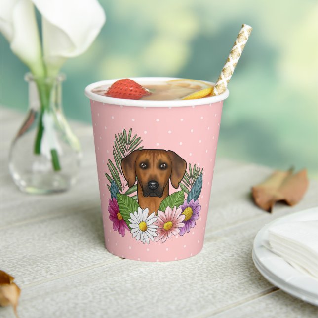 Rhodesian Ridgeback Head Colourful Flowers On Pink Paper Cups (Insitu)
