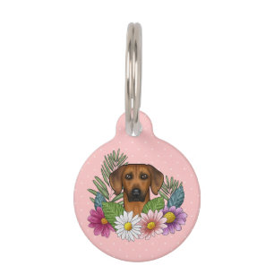 Rhodesian Ridgeback Head Colourful Flowers On Pink Pet Tag