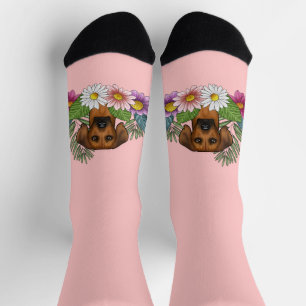 Rhodesian Ridgeback Head Colourful Flowers On Pink Socks