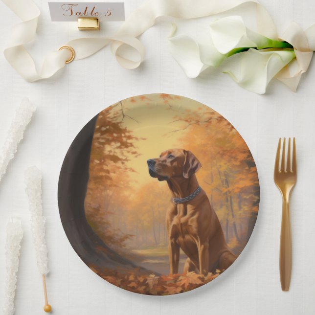 Rhodesian Ridgeback  in Autumn Leaves Fall Inspire Paper Plate (Wedding)