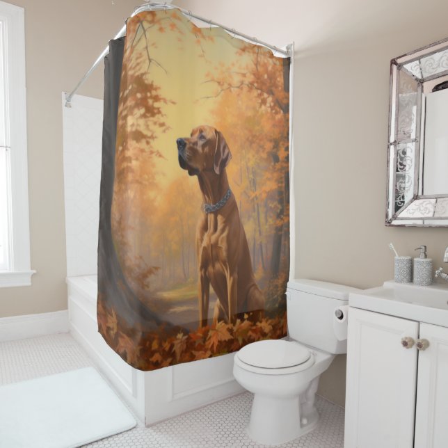Rhodesian Ridgeback  in Autumn Leaves Fall Inspire Shower Curtain (In Situ)