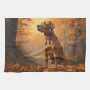 Rhodesian Ridgeback  in Autumn Leaves Fall Inspire Tea Towel