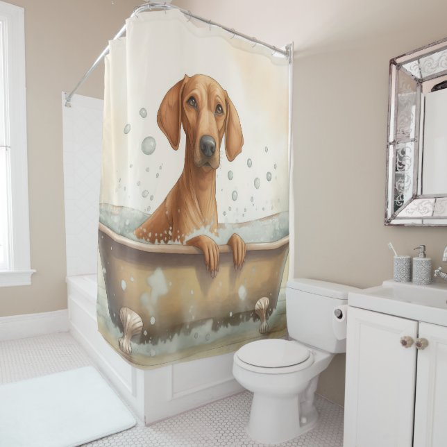 Rhodesian Ridgeback In Bathtub Watercolor Dog Art  Shower Curtain (In Situ)