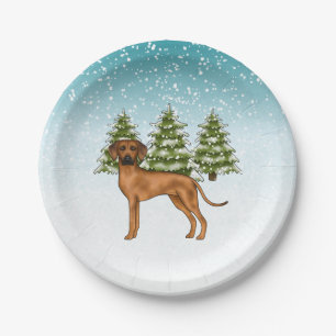 Rhodesian Ridgeback Lion Dog Snowy Winter Forest Paper Plate