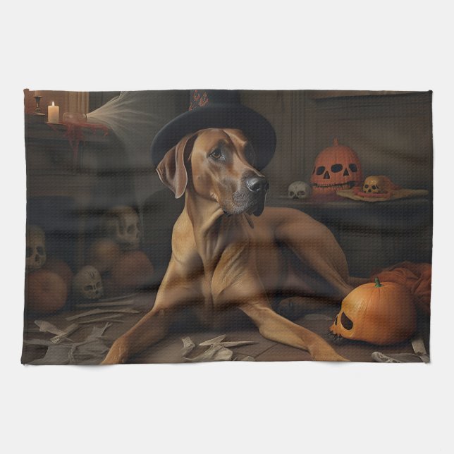 Rhodesian Ridgeback Pumpkins Halloween Scary Tea Towel (Horizontal)