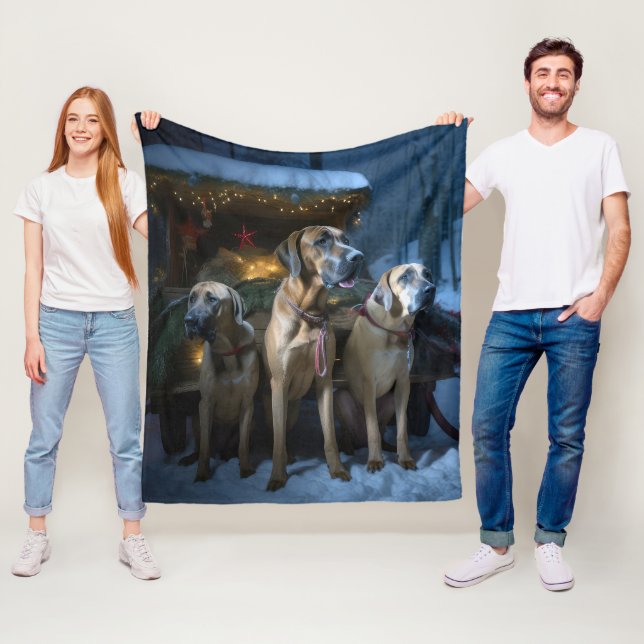 Rhodesian Ridgeback Snowy Sleigh Christmas Decor Fleece Blanket (In Situ)