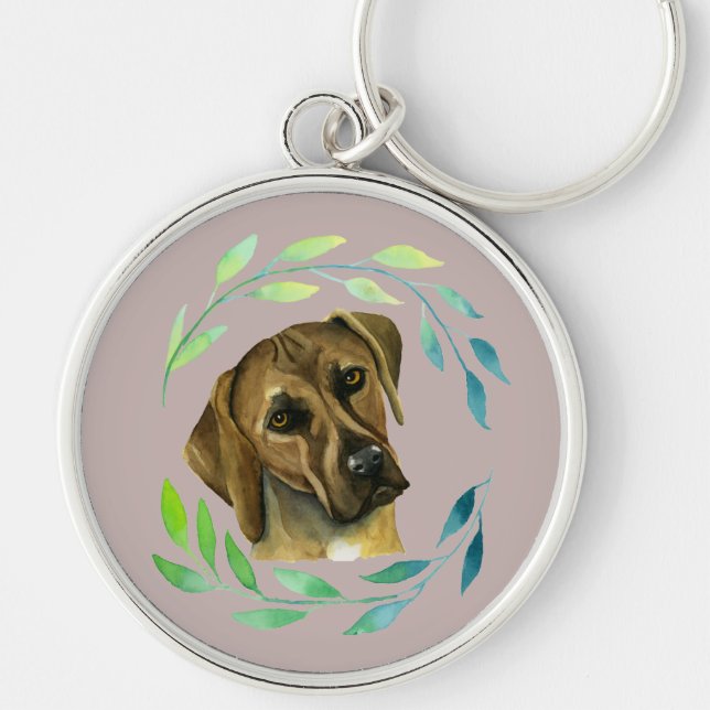 Rhodesian Ridgeback with a Wreath Watercolor Key Ring (Front)