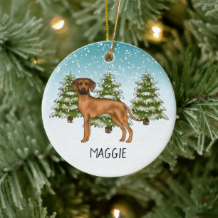 Rhodesian Ridgeback With Name Snowy Winter Forest Ceramic Tree Decoration