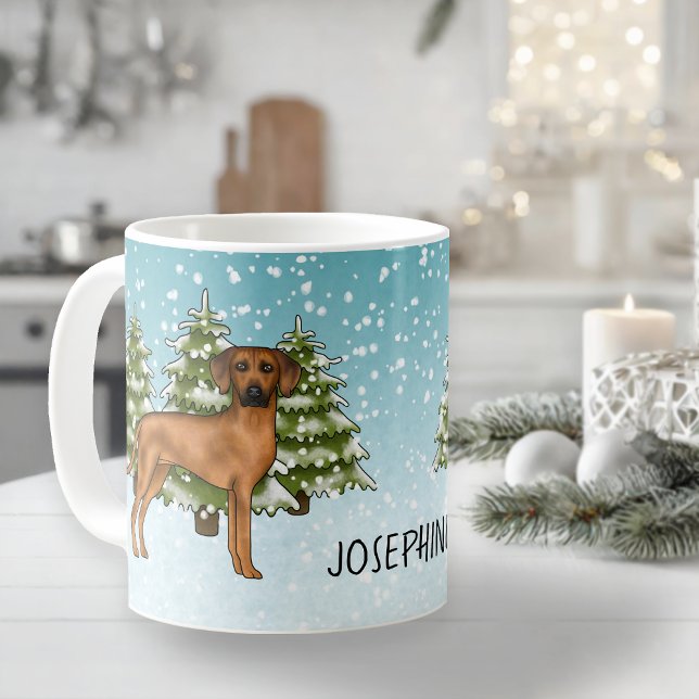 Rhodesian Ridgeback With Name Snowy Winter Forest Coffee Mug (Please note: This image is a digital mockup. The product may not be in scale.)