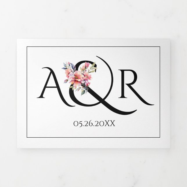 Rhododendron ,ampersand and initials wedding Tri-Fold invitation (Cover)