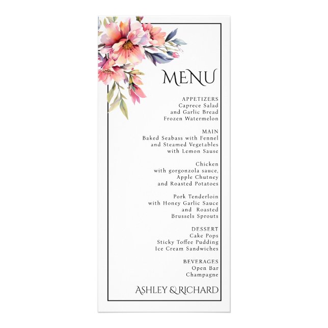 Rhododendron and peach flowers wedding menu card (Front)
