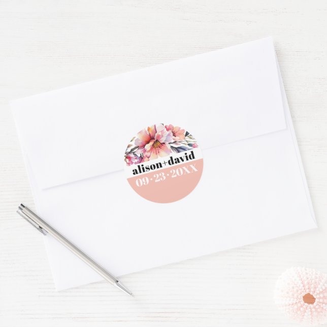 Rhododendron, bold typography peach-pink wedding classic round sticker (Envelope)