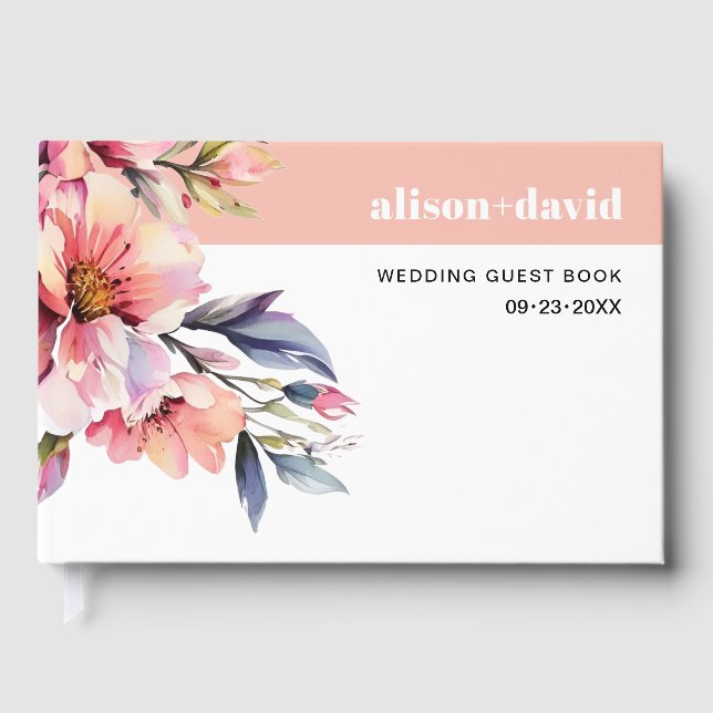 Rhododendron branch and flowers peach-pink wedding guest book (Front)