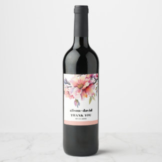 Rhododendron branch and peach-pink flowers wedding wine label