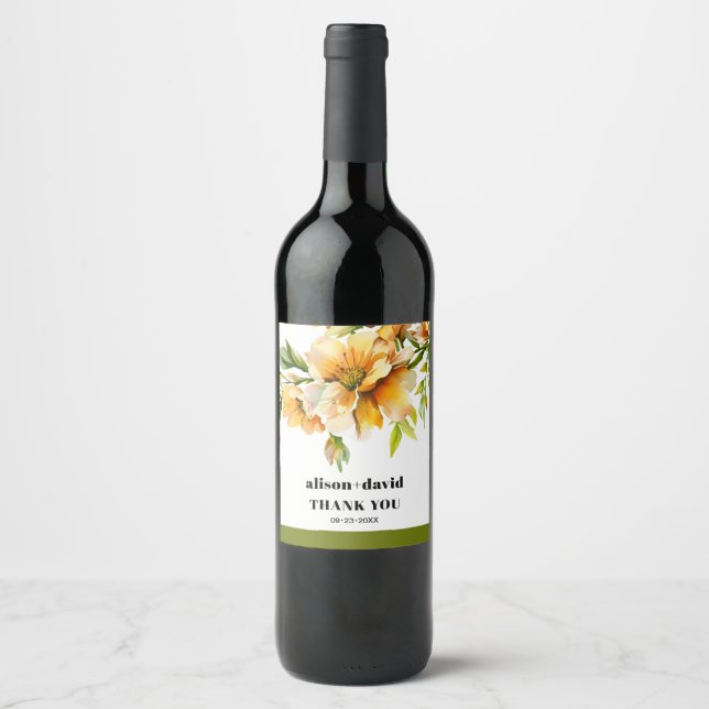 Rhododendron branch orange yellow flowers wedding wine label (Front)