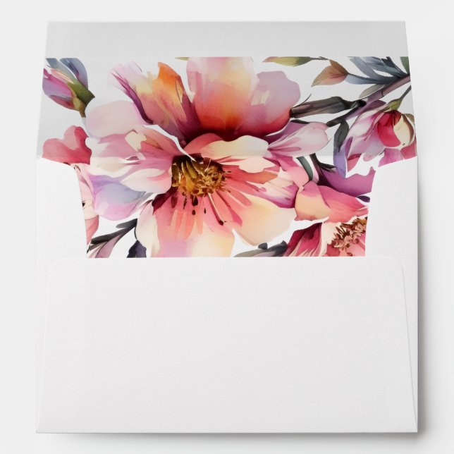 Rhododendron branch peach-pink flowers wedding envelope (Back (Bottom))