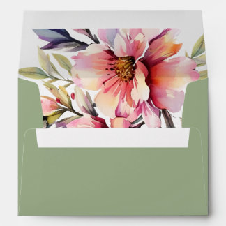 Rhododendron branch peach pink flowers wedding envelope