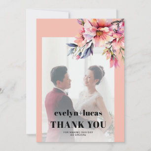 Rhododendron branch peach pink photo wedding thank you card
