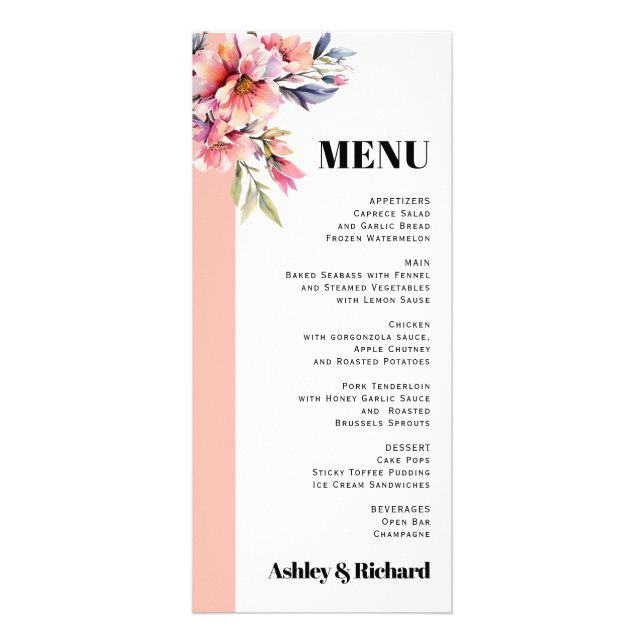 Rhododendron peach pink flowers wedding menu card (Front)