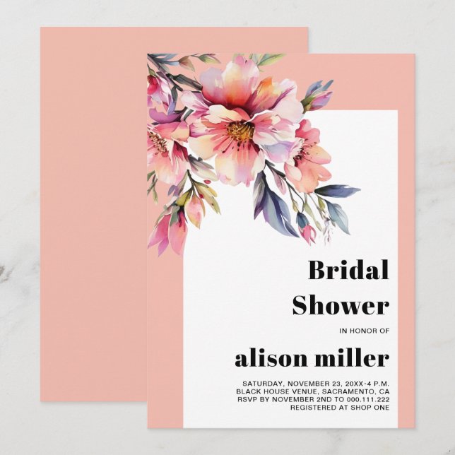 Rhododendron with peach-pink flowers bridal shower invitation (Front/Back)