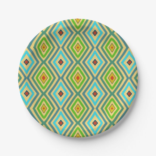 Rhombus Diamond Green Blue Geometrical  Paper Plate (Front)